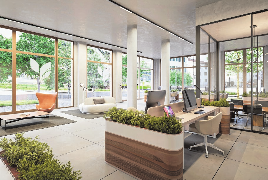 Im EG gibt es noch freie Büro- und Gewerbeflächen. Visualisierung: BlueMilk Studio AG