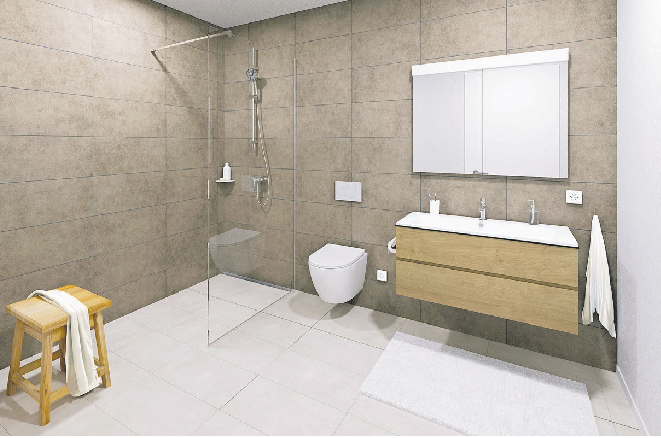 Das stilvolle Badezimmer überzeugt mit hochwertigen Armaturen und einer modernen, begehbaren Dusche.