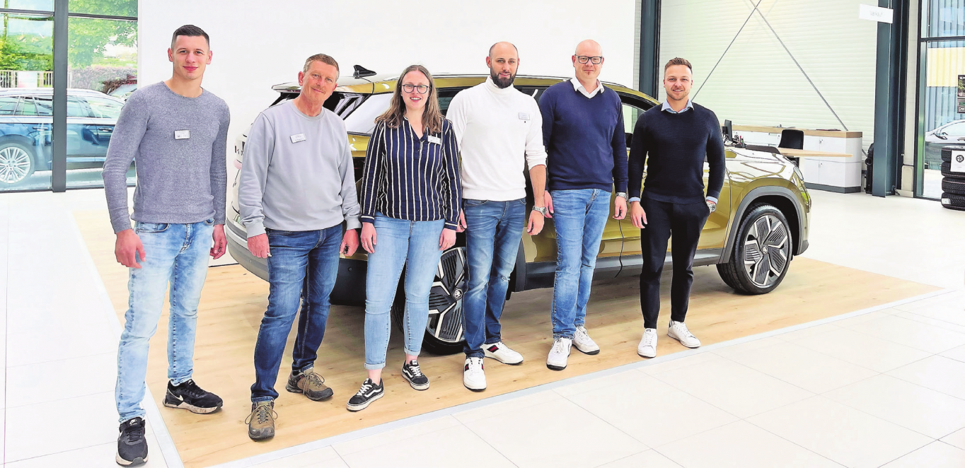 Freuen sich auf eine weitere Marke im Portfolio (von links): Luis Klug (Serviceberater), Uwe Weiskopf (Serviceberater), Laura Troll (Serviceassistentin), Stieven Erk (Verkaufsberater Großkunden), Dominik Matern (Operativer Leiter) und Raphael Wiegand (Geschäftsführender Gesellschafter)
