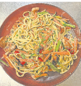 Angerichtet: Puten-Gemüse-Pasta an einer Kräuter-Cognac-Sauce