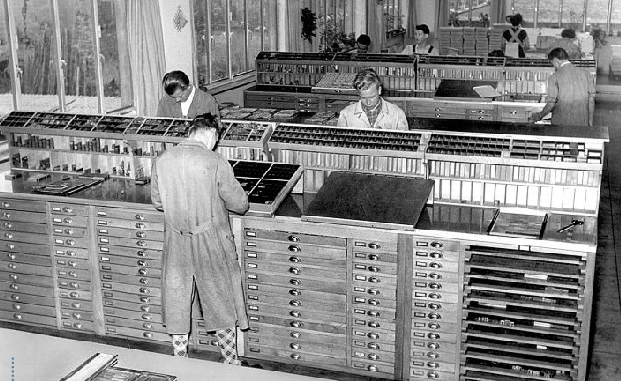 Handsatz in der Setzerei der Rhein-Zeitung, Stegemannstraße Foto: RZ-Archiv | circa 1960 