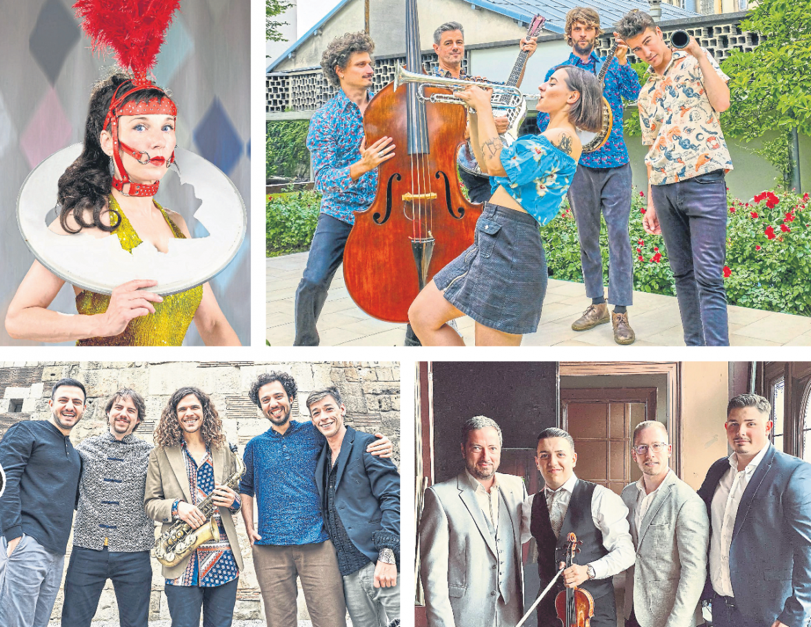 Die Bilder im Uhrzeigersinn von links oben: Meret Becker Foto: Johanna Lippmann | Mama Shakers Foto: Mama Shakers | Sandro Roy Foto: J. Prax und Antonio_Lizana Foto: Ana Solinis