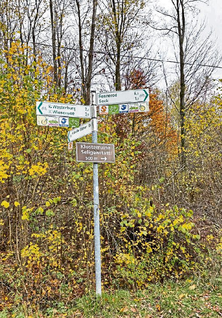 Hinweis tafeln informieren über die Klosterruine sowie Wanderund Radwege in der Umgebung.