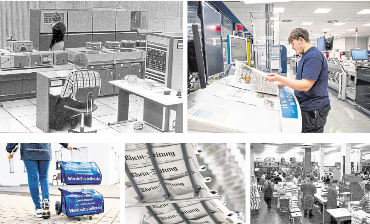 Zeitungsgeschichte ist zugleich Industriegeschichte: In den siebziger Jahren prägten Fotosatz-Anlagen (oben, links) das Bild in der Zeitungssetzerei. An hochmodernen Cockpit-Leitständen (oben, rechts) werden aktuell im RZ-Druckhaus die Rhein-Zeitung und ihre Heimatausgaben produziert. Der Druckund Versandraum glich in den Anfangsjahren (unten, rechts) einem wuseligen Bienenstock. Und auch nach 80 Jahren sind es noch immer die unzähligen zuverlässigen Zustellerinnen und Zusteller, die dafür sorgen, dass die Zeitung bei Wind und Wetter frühmorgens bei den Leserinnen und Leser im Briefkasten liegt. Fotos: MRV-Archiv/RZ-Archiv/Hülpüsch/Rühle
