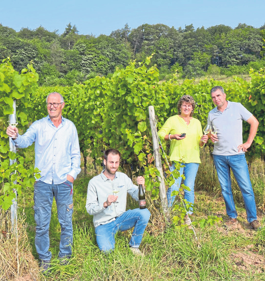 Edgar Orben (von links), Jonathan Kolling, Maria Barth und Gregor Eckes, heißen die Besucher der Weinwanderung und des Sommerlocher Weinfestes herzlich willkommen. 
