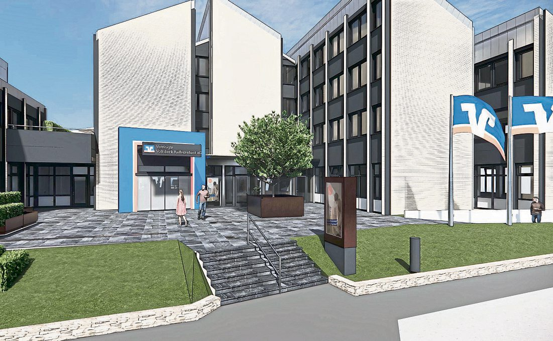 Die modernisierte Hauptstelle der Vereinigten Volksbank Raiffeisenbank in Simmern präsentiert sich mit einem einladenden Vorplatz und nachhaltiger Architektur. Helle Beratungsräume, moderne Technik und ein zukunftsweisendes Energiekonzept schaffen eine kundenfreundliche Umgebung. Fotos: 3X Banktechnik / Vereinigte Volksbank Raiffeisenbank eG