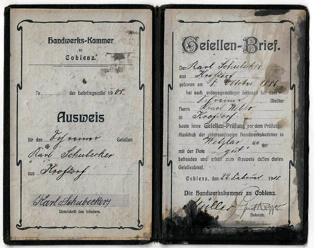 Karl Schubeckers Gesellenbrief der „Handwerkskammer zu Coblenz“ aus dem Jahr 1905 (links) und die Eintragung in die Handwerkskammer Wiesbaden (rechts).