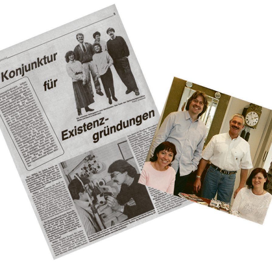 „Handwerk Special“-Beitrag der Nummer 1 vom 28. Januar 1988 (links), in dem das 1983 gegründete Optikerunternehmen von Erich Daum und Klaus Müller vorgestellt wurde. 16 Jahre später erschien die Magazinausgabe mit der Nummer 100 und besuchte erneut die Andernacher Optiker (Bild unten).