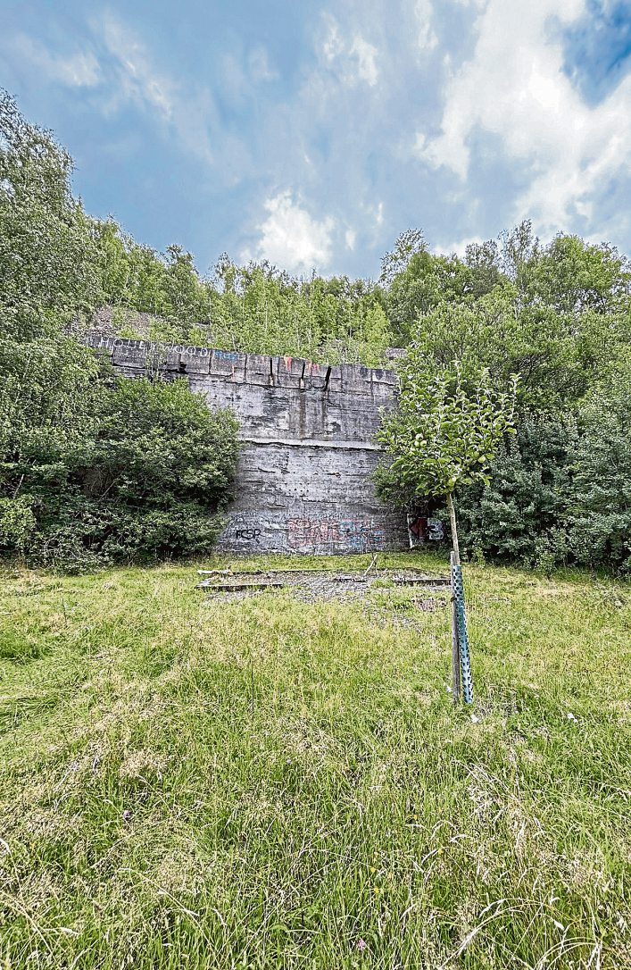 Mächtige Betonmauern der einstigen Grubenanlage ragen noch heute zwischen Bäumen empor - Relikte aus der aktiven Zeit des Bergbaus.