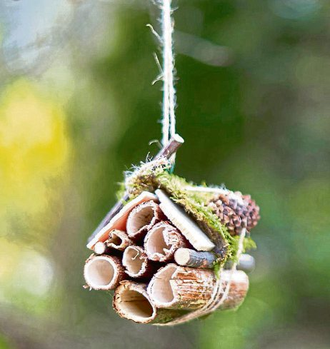 Aus Bambusröhrchen und Naturmaterialien entsteht eine einfache Nisthilfe für Wildbienen, die später an einem sonnigen, geschützten Platz aufgehängt werden kann. Foto: Andrius - stock.adobe.com