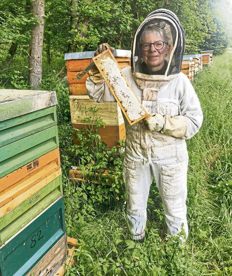 Silvia Puderbach kontrolliert eine Honigwabe an den Bienenstöcken der „Kleinen Honigfabrik“. Die Imkerei bildete den Anfang des gemeinsamen Betriebs.