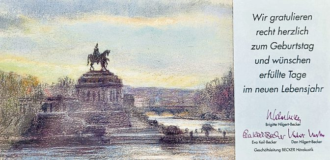 Die aktuelle Grußkarte zeigt das Deutsche Eck als Pastell von Andreas Bruchhäuser.