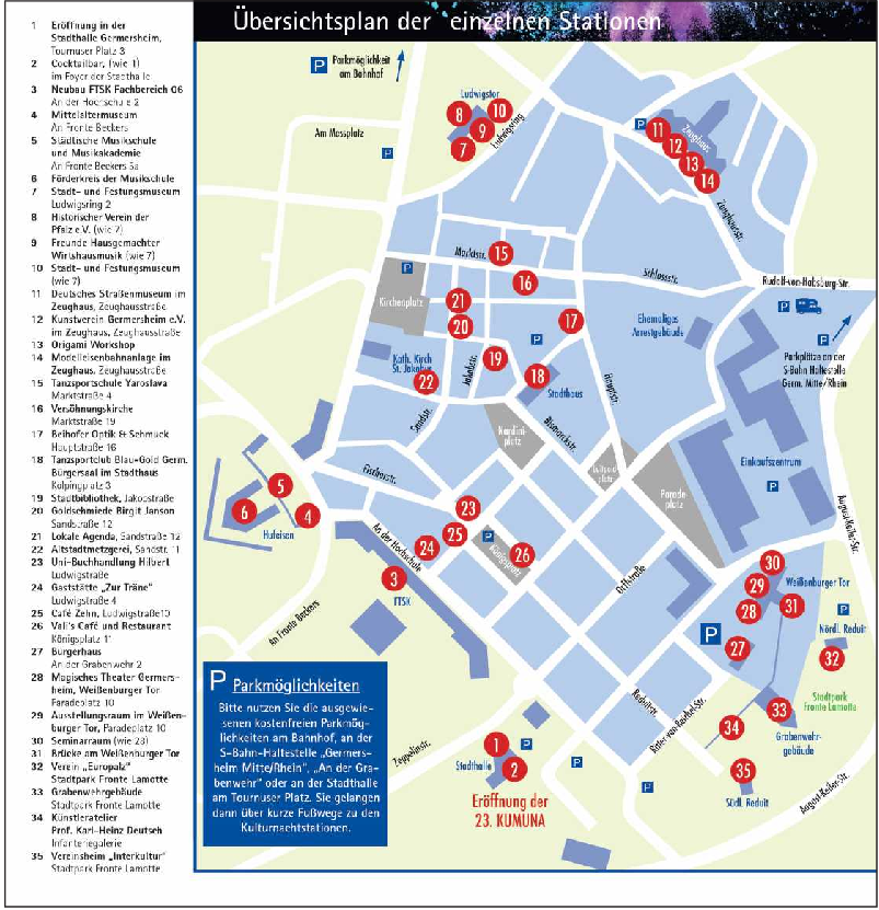 Übersicht der 35 Stationen in der Germersheimer Kulturnacht. FOTO: STADT GERMERSHEIM/GRATIS