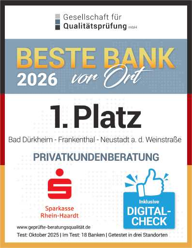Die Gesellschaft für Qualitätsprüfung hat die Sparkasse Rhein-Haardt ausgezeichnet. FOTO: SPARKASSE R-H/GRATIS