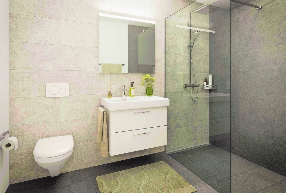 Hochwertige Materialien auch im Bad. Visualisierung: Swiss Interactive AG