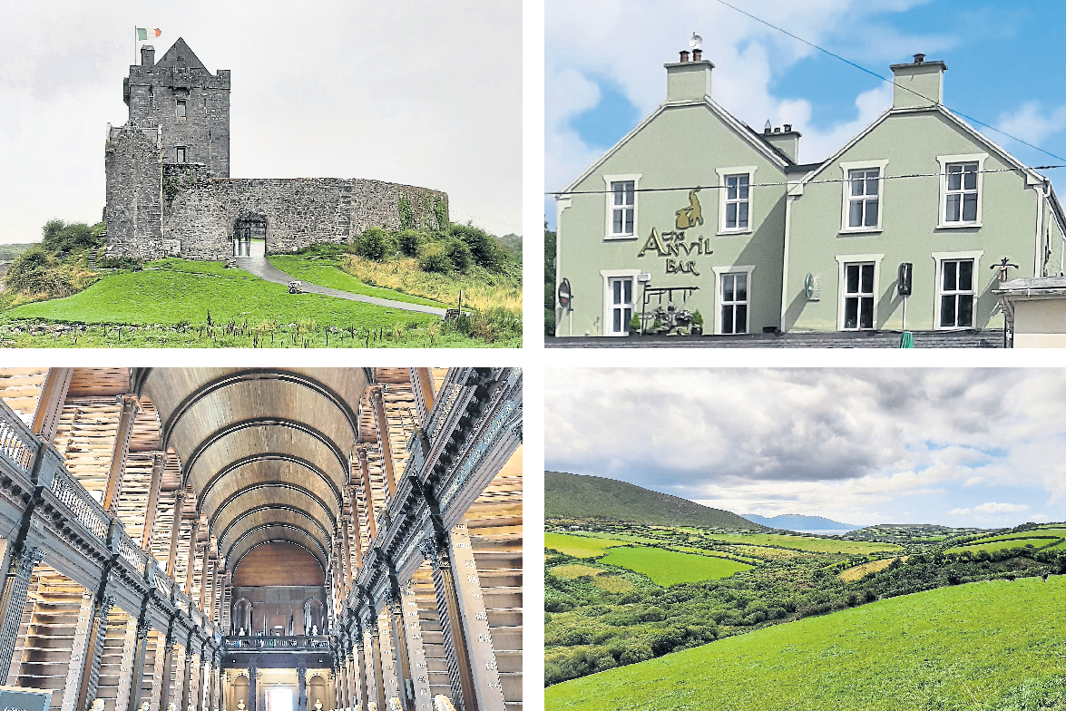 En haut à gauche: vue imprenable sur le château de Dunguaire (XVIe siècle) - à droite, le mémorable Anvil Bar, hôtel-restaurant à Castlemaine. En bas à gauche: la bibliothèque du Trinity College en cours de rénovation. - à droite, le décor cinématographique et naturel du comté de Kerry.