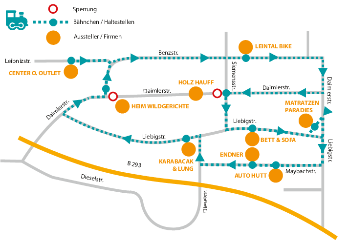 Dias Bähnchen macht Halt an allen wichtigen Stationen und sorgt dafür, dass die Besucher alle teilnehmenden Unternehmen im weitläufigen Industriegebiet auf angenehme Art und Weise erreichen.