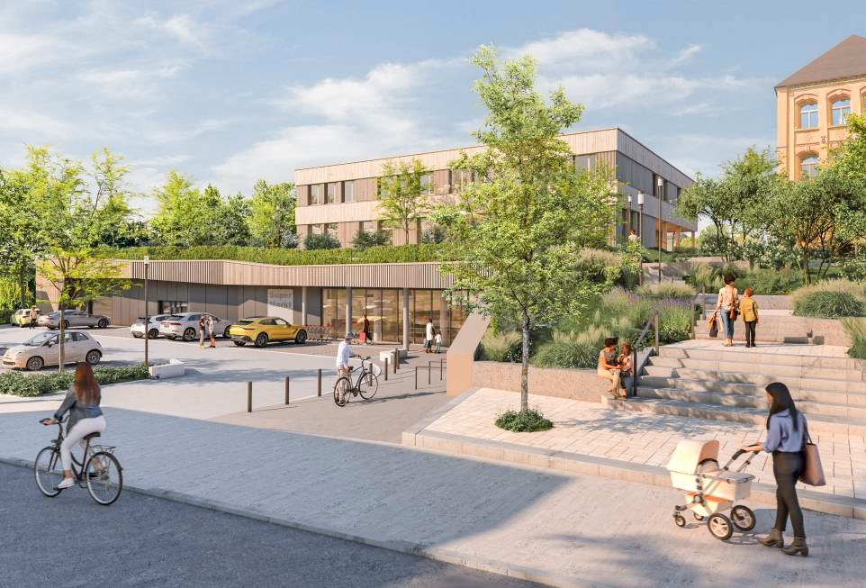 So soll die Erweiterung der Grundschule Alt-Böckingen aussehen. Die Planer setzen auf Holzbauweise. Visualisierung: Krummlauf Teske Happold Architekten
